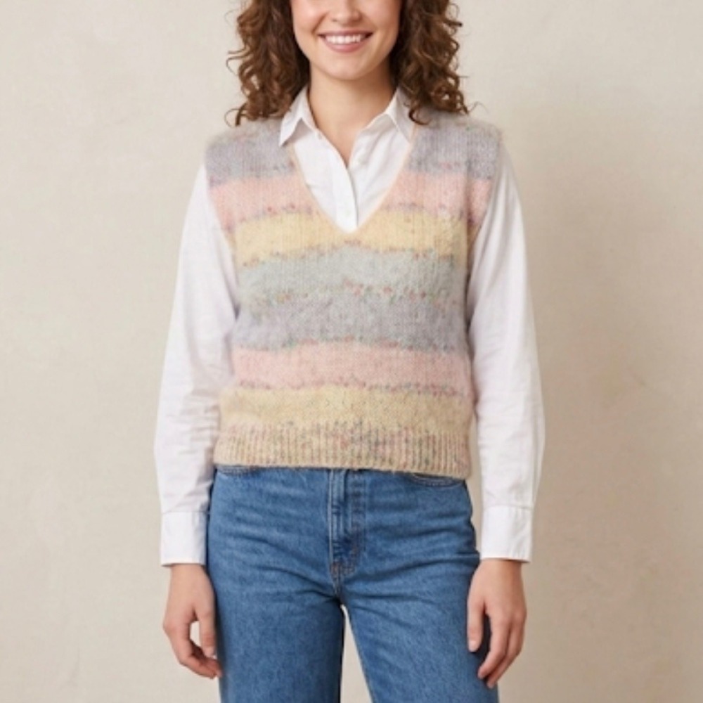 VTG Renee Tener Jeanne Pierre Mohair Blend Pastel Striped V-Neck Sweater Vest‎ S